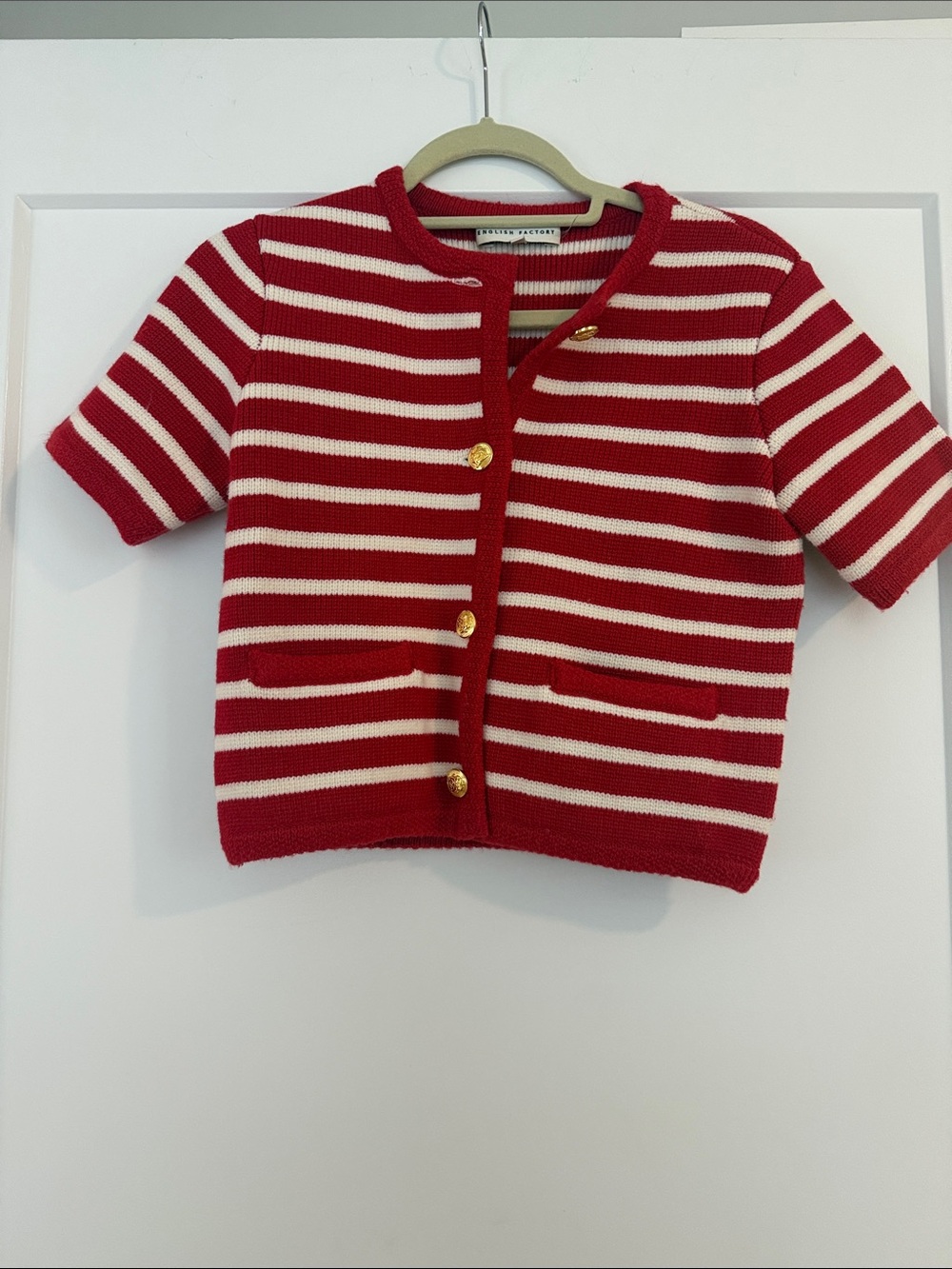 English Factory Red & White Striped Short-Sleeve Knit Cardigan- worn once